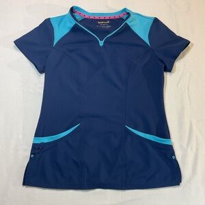 Heartsoul V Neck Womens Scrub Top, Navy and light Blue Short Sleeve 1/4 Zip XS